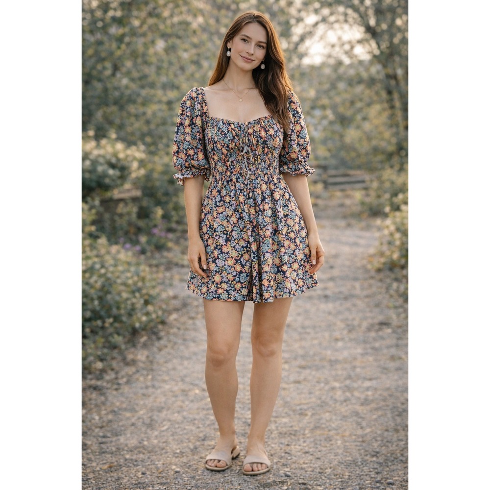 Free People Smocked Bodice Floral Mini Romper Square Neck Puff Sleeve Size SP